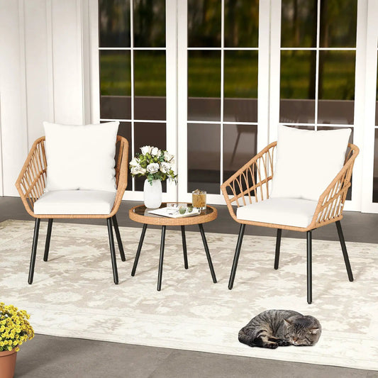 Beige Patio Bistro Set with heavy-duty metal frame, white cushions, 3-piece DirectDeals on Tampa Home & Garden Store