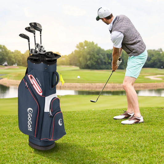 Lightweight golf cart bag with 14-way dividers, navy blue with red piping, DirectDeals golf bag on Tampa Home & Garden Store