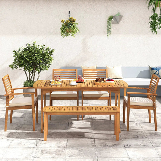 Outdoor Patio Dining Chairs Set of 2 with beige cushions, wooden slat frames DirectDeals on Tampa Home & Garden Store