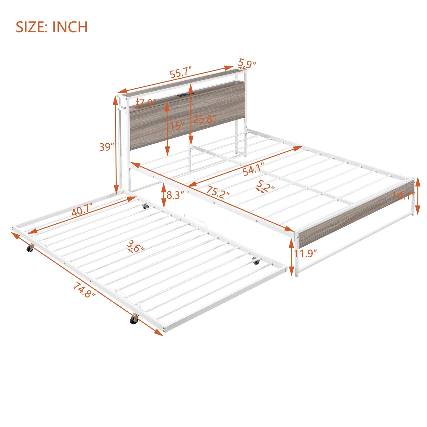 Metal Platform Bed Frame Trundle and Usb Ports