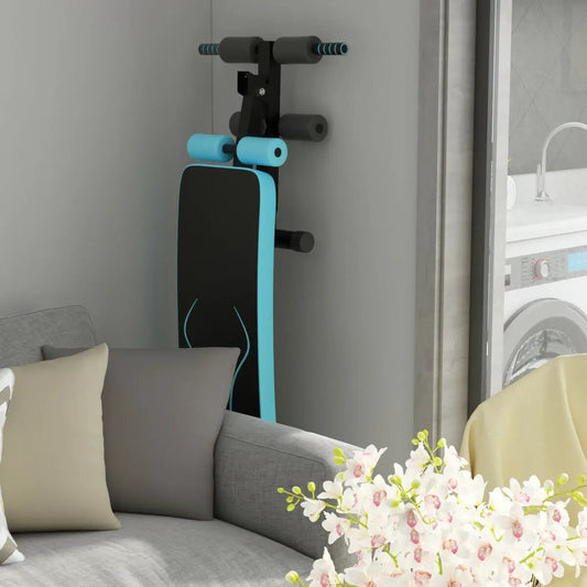 Folding Weight Bench With Adjustable Sit Up Board, black with teal accents, compact home gym on Tampa Home & Garden Store