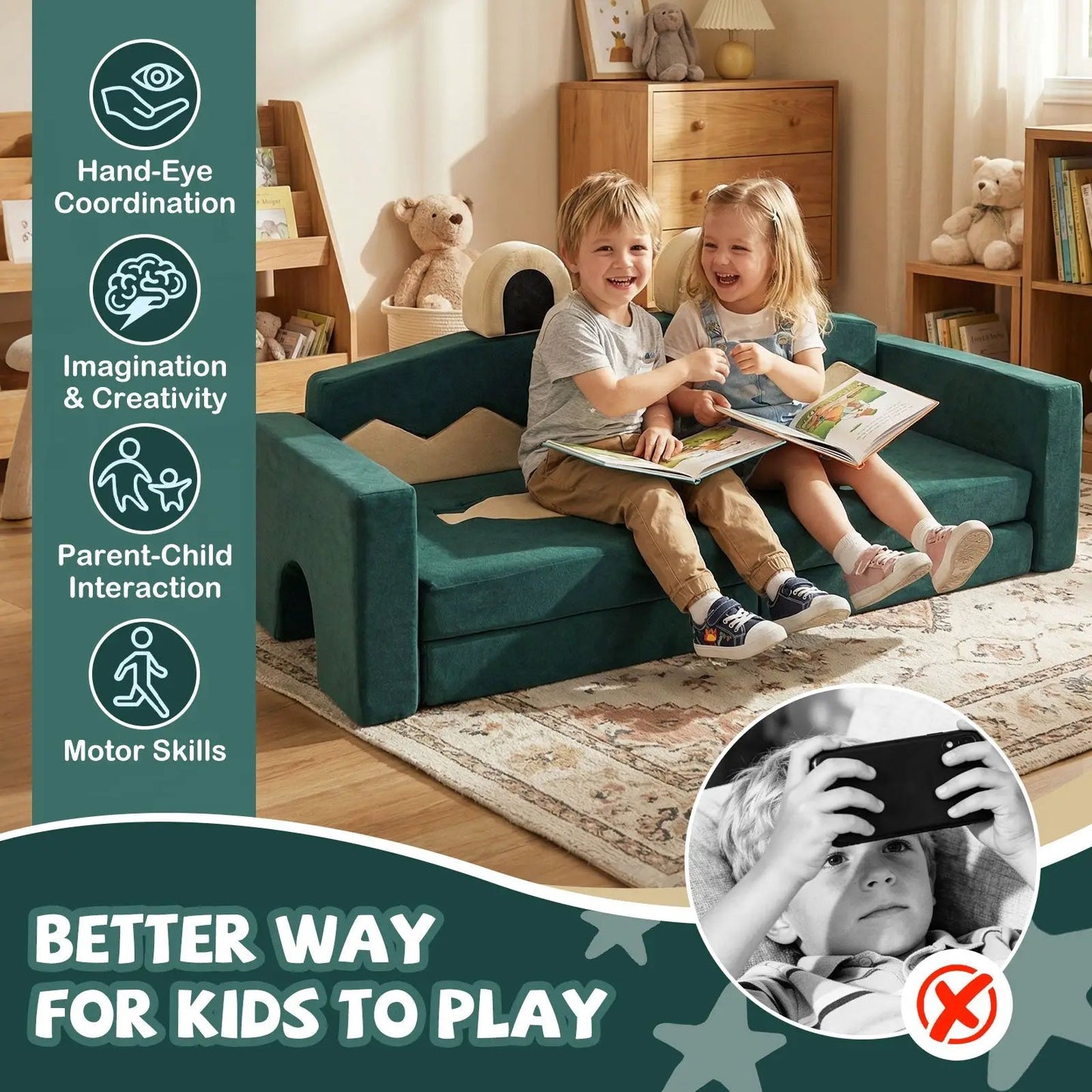 Modular kids play couch in teal with two kids reading on a cozy sofa on Tampa Home & Garden Store