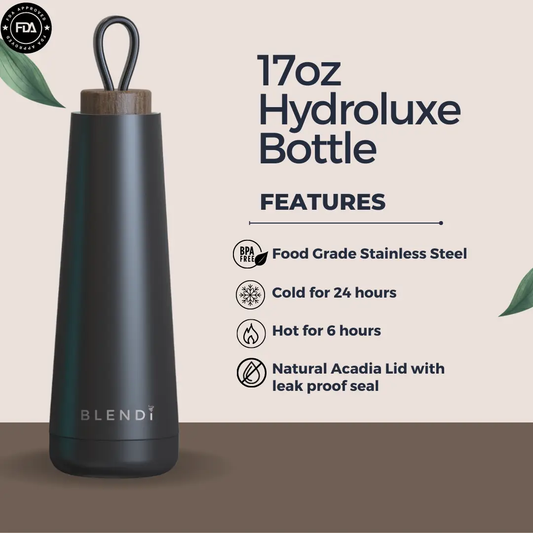 Hydroluxe 17oz tumbler bottle BLENDi with black matte stainless steel body and wooden lid on Tampa Home & Garden Store