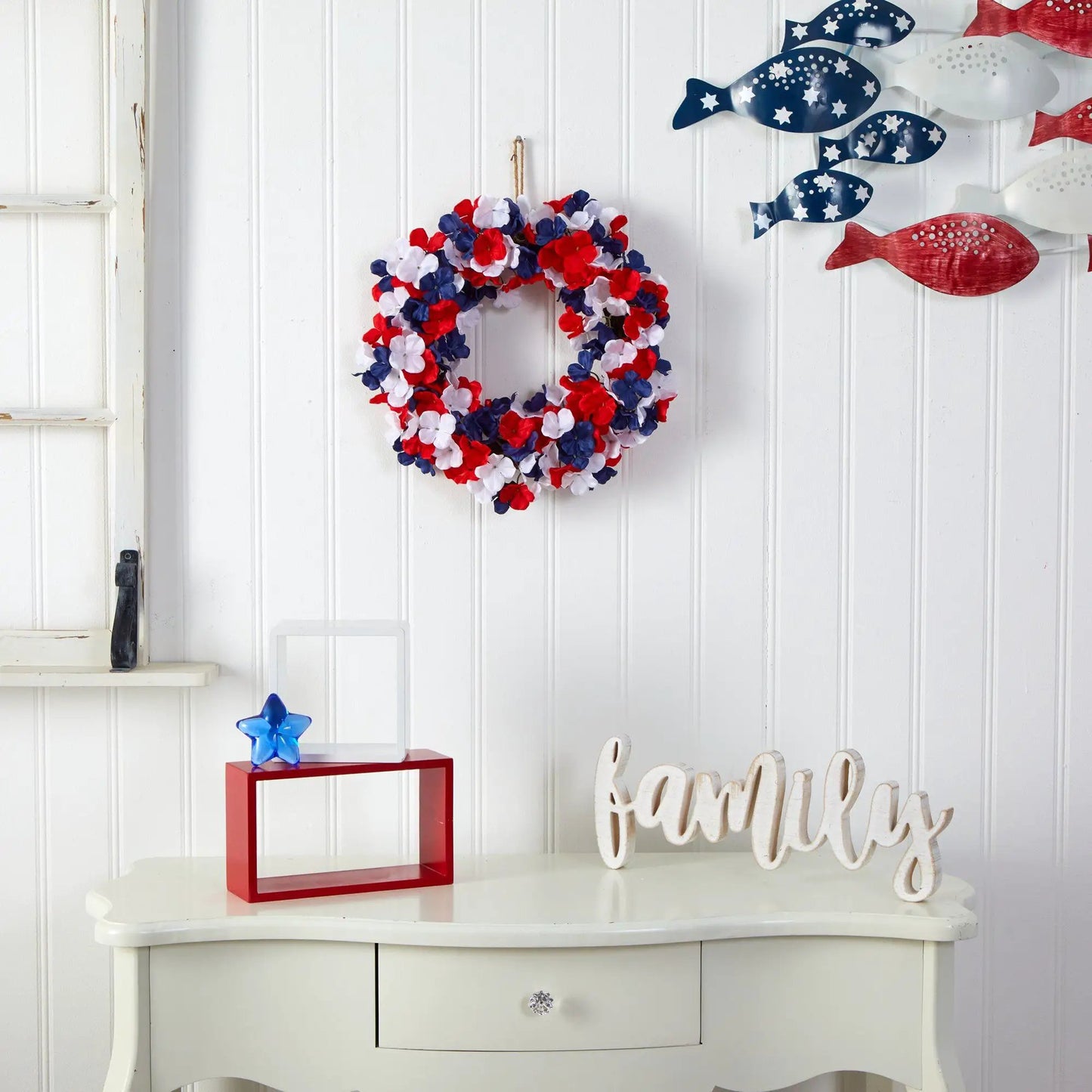 18 inch patriotic hydrangea wreath with red white blue petals on Tampa Home & Garden Store