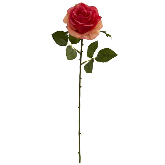 Artificial rose flower stem with red petals and green serrated leaves Nearly Natural on Tampa Home & Garden Store