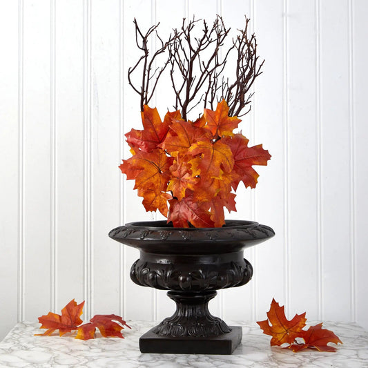 Autumn Maple Leaf Artificial Flowers set of 2 with orange maple leaves in a black planter on Tampa Home & Garden Store