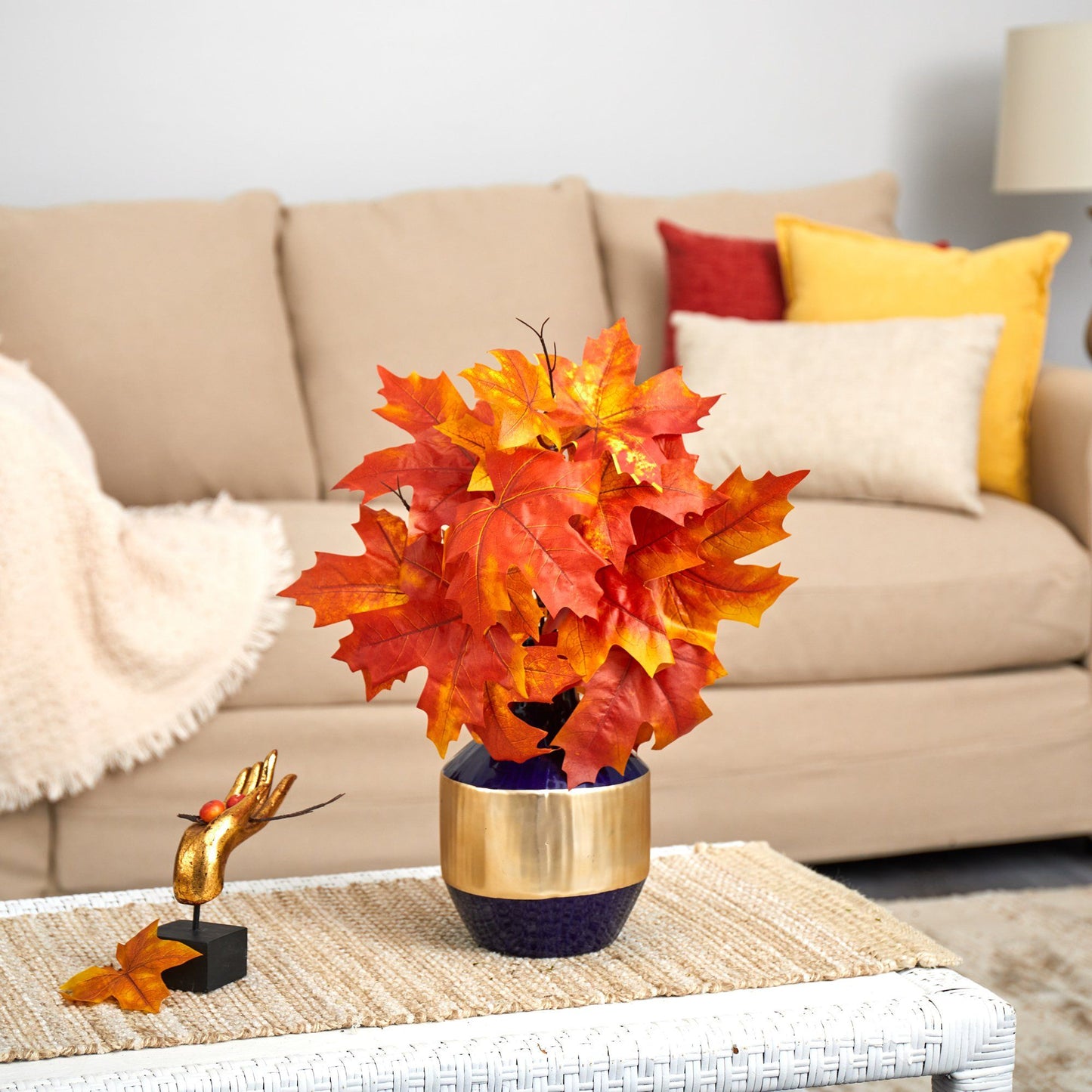 18” Autumn Maple Leaf Artificial Plant in Blue and Gold Planter - Tampa Home & Garden Store