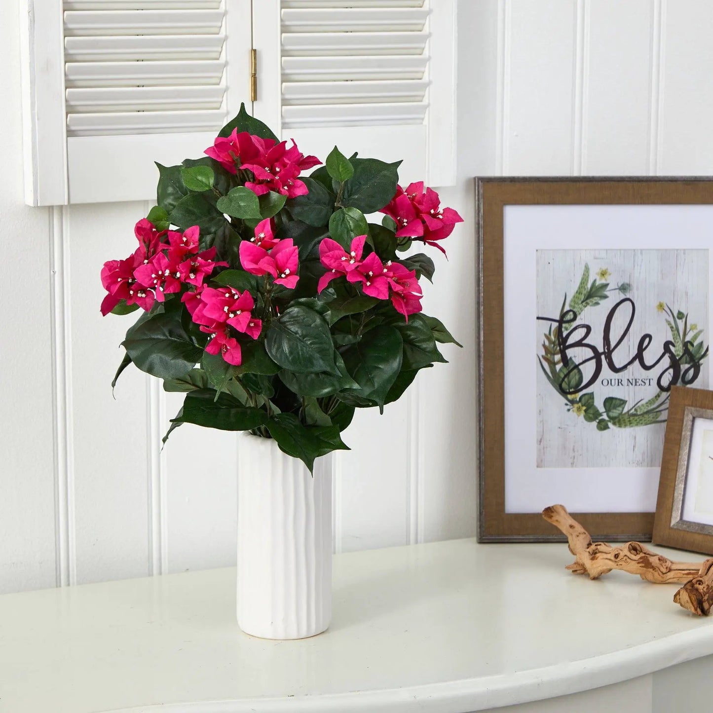 18” Bougainvillea Artificial Plant in White Planter - Tampa Home & Garden Store