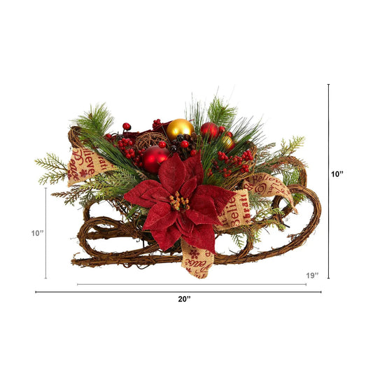 18in Christmas Sleigh arrangement with red berries and poinsettias by Nearly Natural on Tampa Home & Garden Store