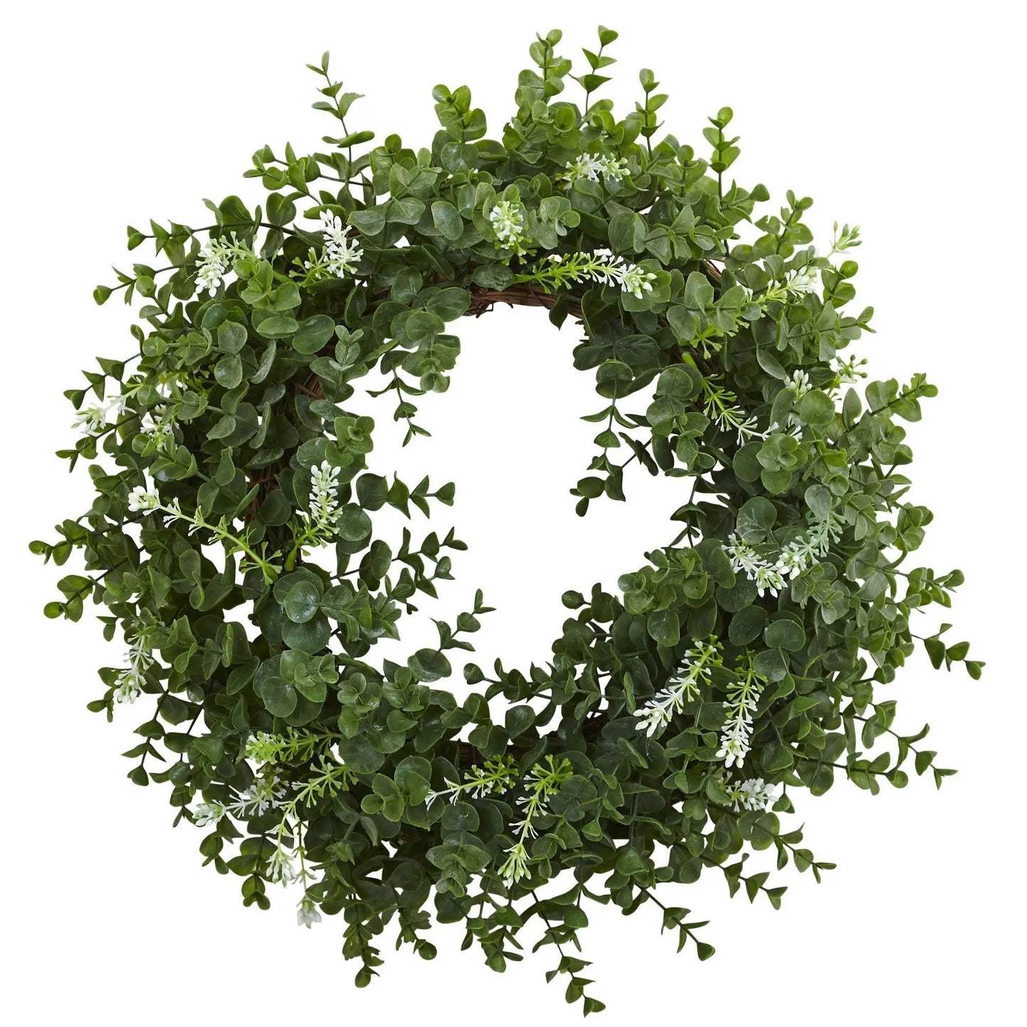 Eucalyptus Double Ring Wreath with Twig Base featuring green leaves and white blossoms on Tampa Home & Garden Store
