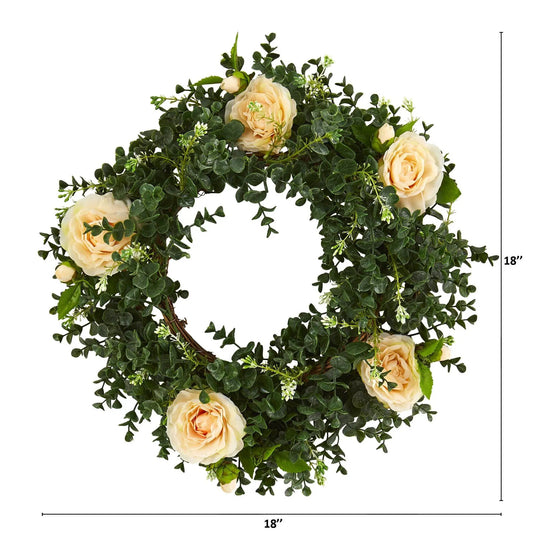 18” Eucalyptus and Camellia Double Ring Artificial Wreath with Twig Base - Tampa Home & Garden Store
