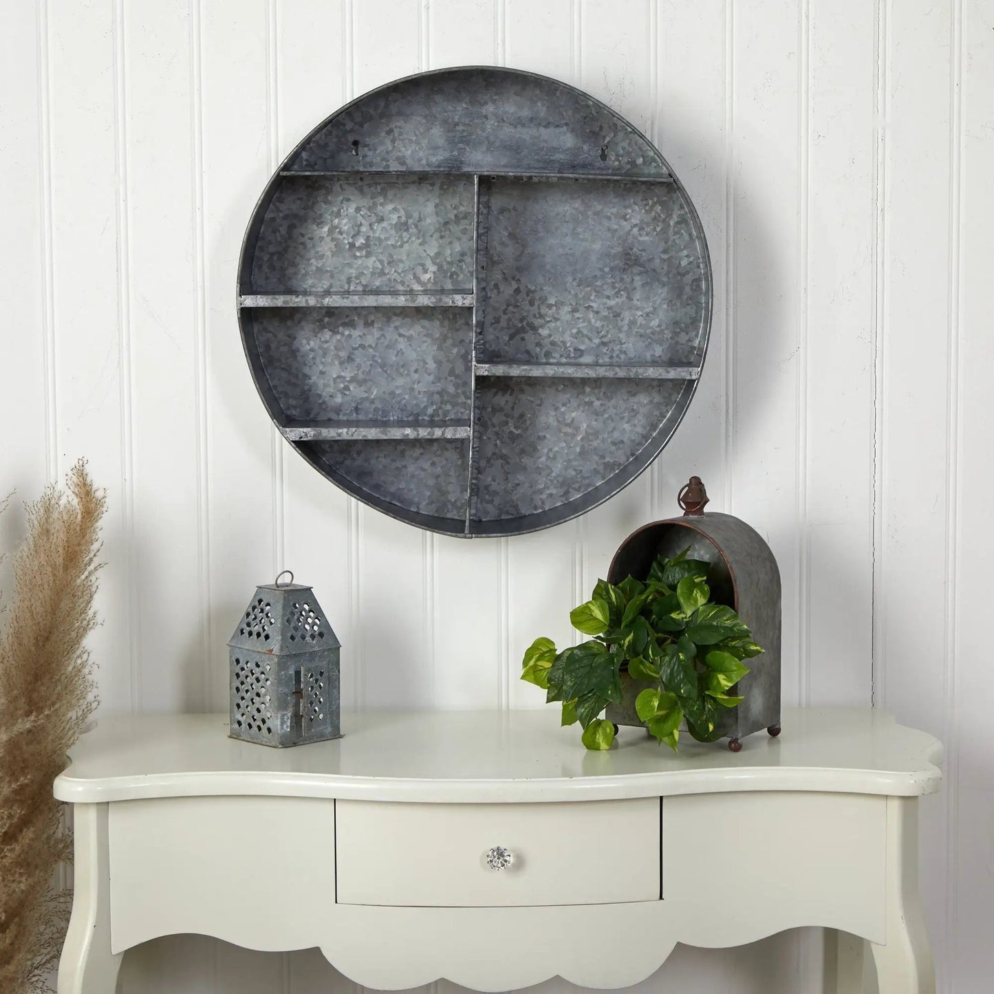 18 inch galvanized round wall shelf with four tier compartments on Tampa Home & Garden Store