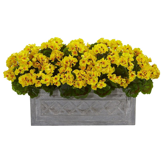18-inch yellow geranium artificial plant in stone planter by Nearly Natural on Tampa Home & Garden Store