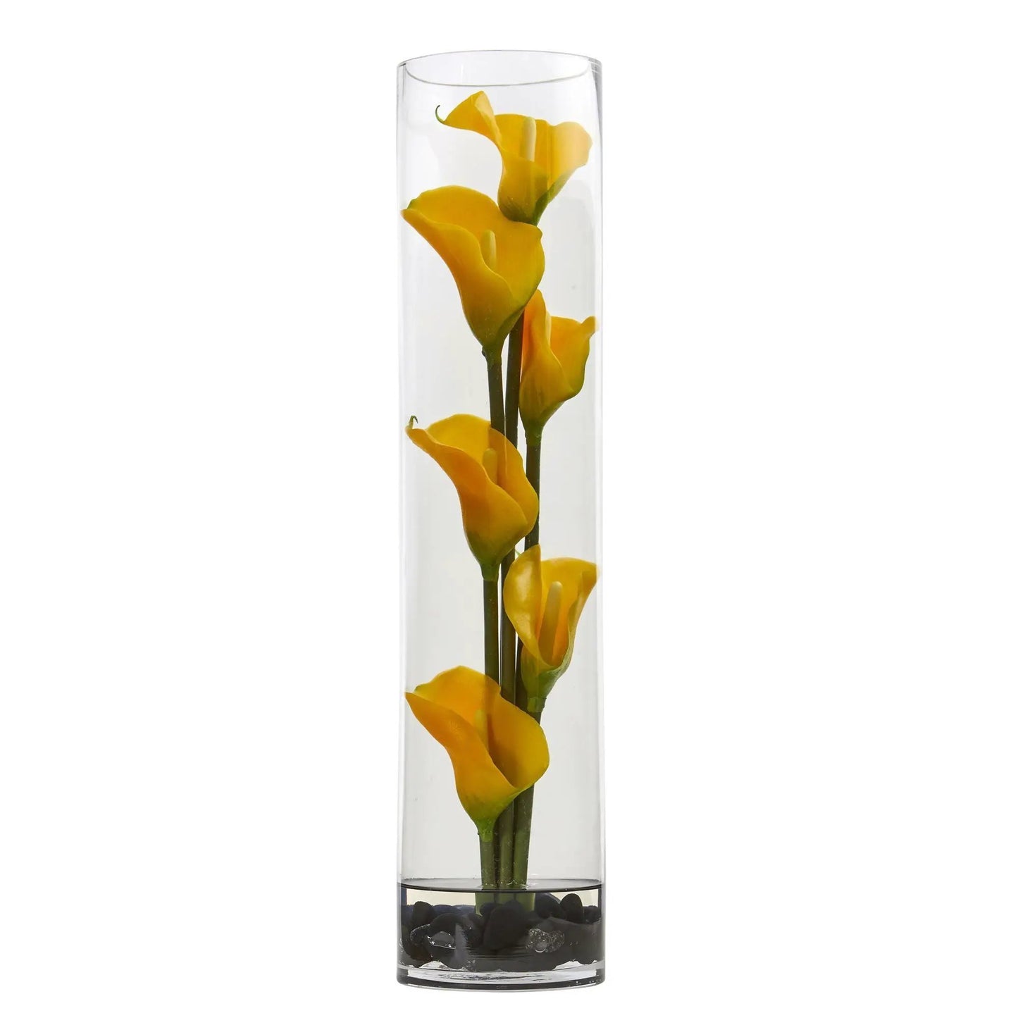 Mini calla lily artificial arrangement in glass cylinder vase with yellow blooms on Tampa Home & Garden Store