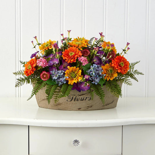 18 inch mixed artificial flower arrangement in planter with vibrant blooms and ferns on Tampa Home & Garden Store