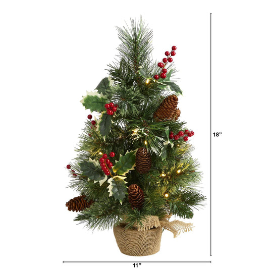 18 Inch Mixed Pine Xmas Tree with holly berries, pinecones, warm lights, burlap base on Tampa Home & Garden Store