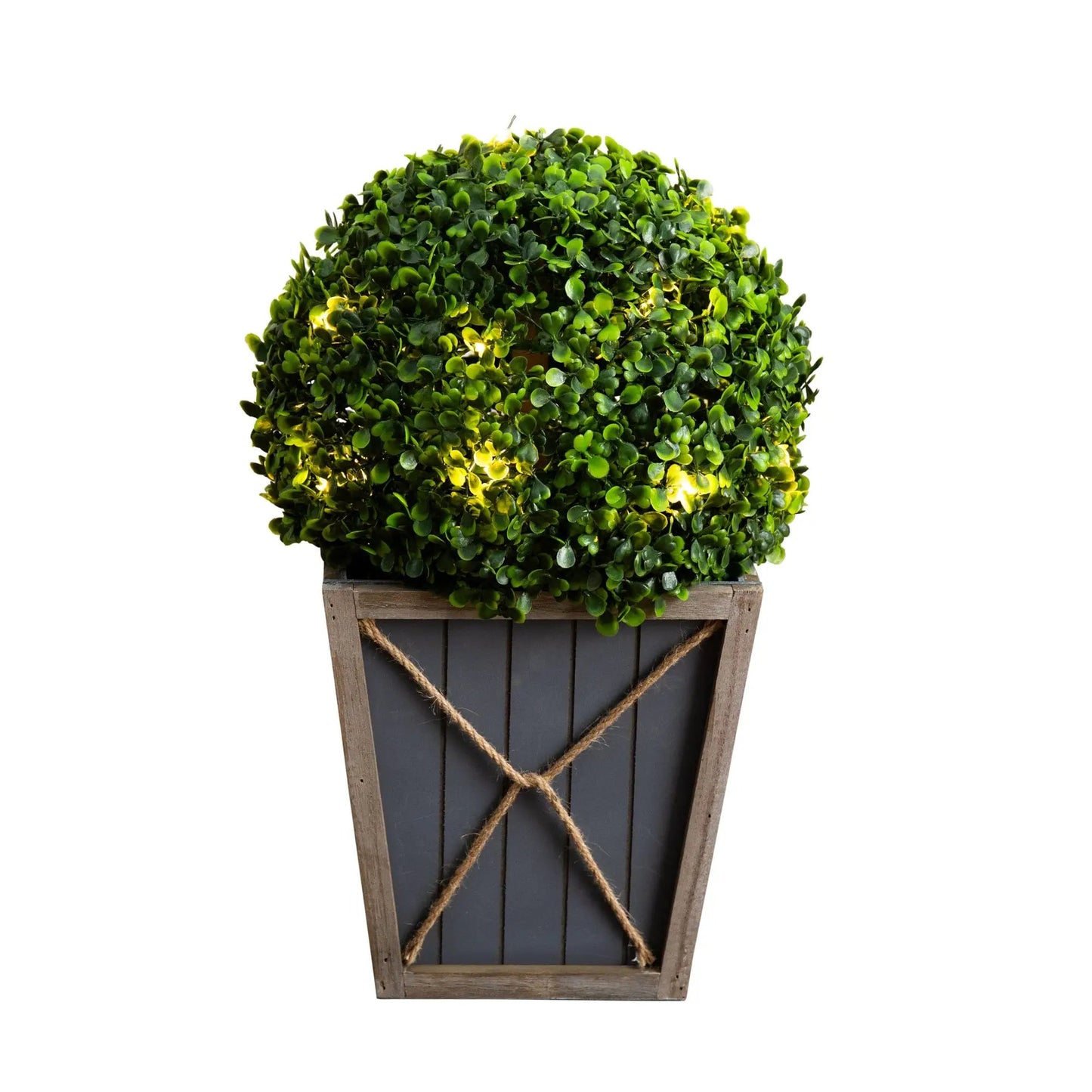 UV Resistant Boxwood Ball Topiary with LED Lights in a wooden planter Nearly Natural on Tampa Home & Garden Store