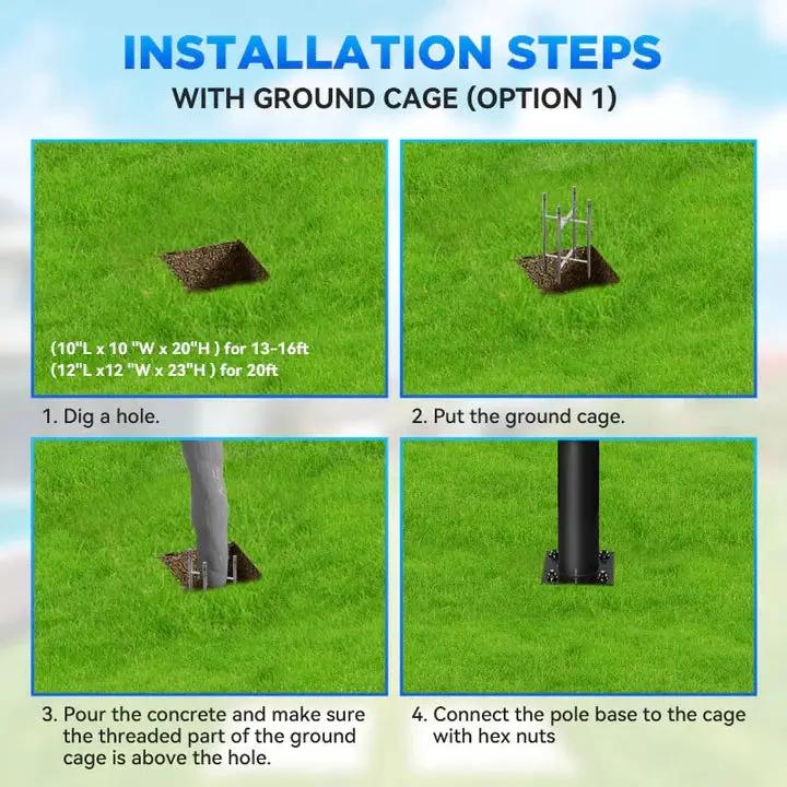 1800W Langy Solar Street Light with 20ft pole installation guide showing ground cage steps on Tampa Home & Garden Store