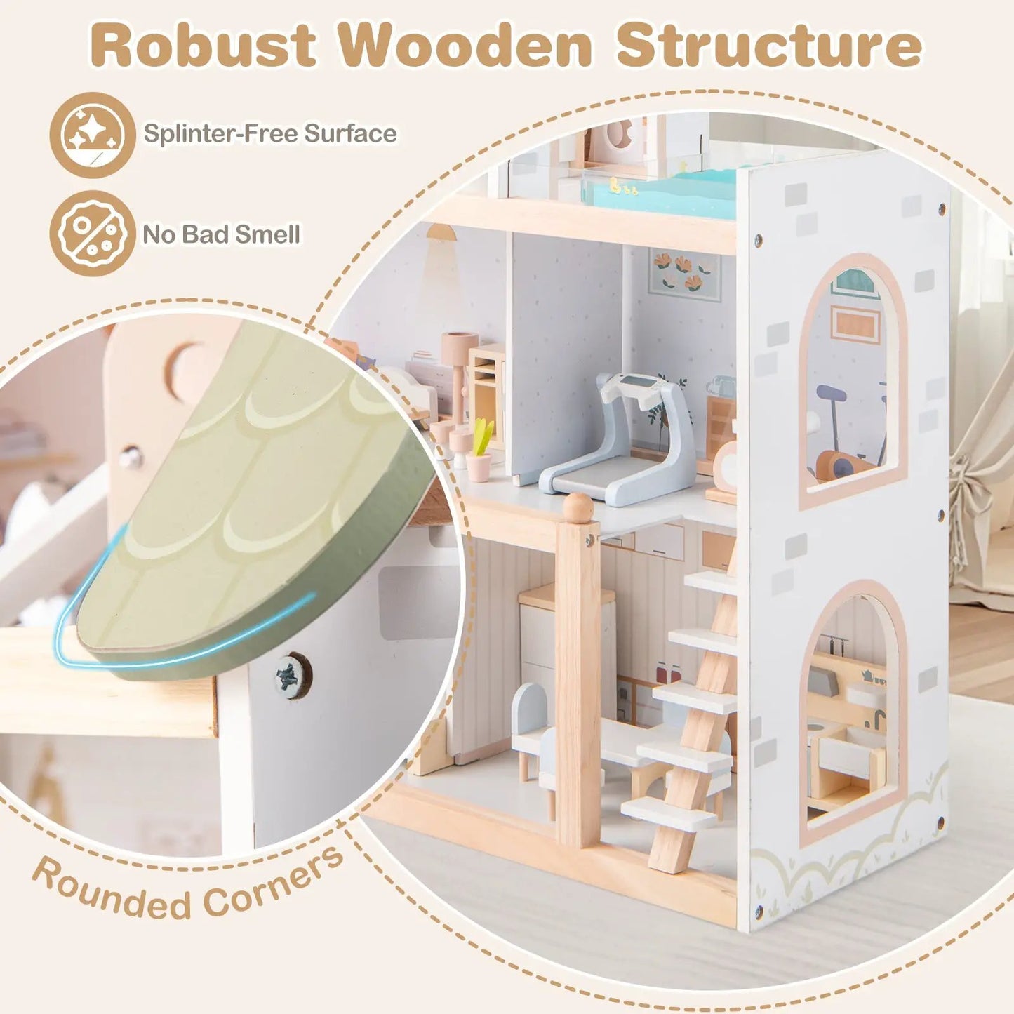 Wooden dollhouse with 33-piece green furniture set and rounded corners on Tampa Home & Garden Store