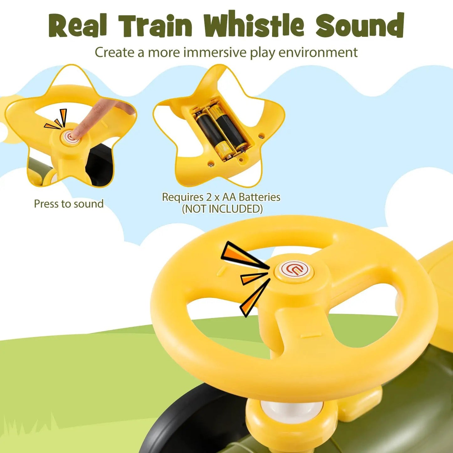 Ride On Toy with steering wheel and train whistle, bright yellow star-shaped wheel DirectDeals on Tampa Home & Garden Store