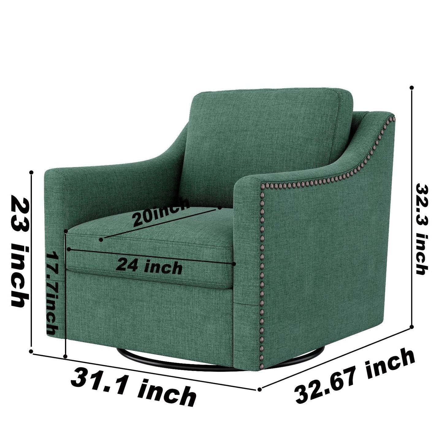 360 Degree Swivel Armchair in green cotton linen with brass nail detailing, curved-arm chair on Tampa Home & Garden Store