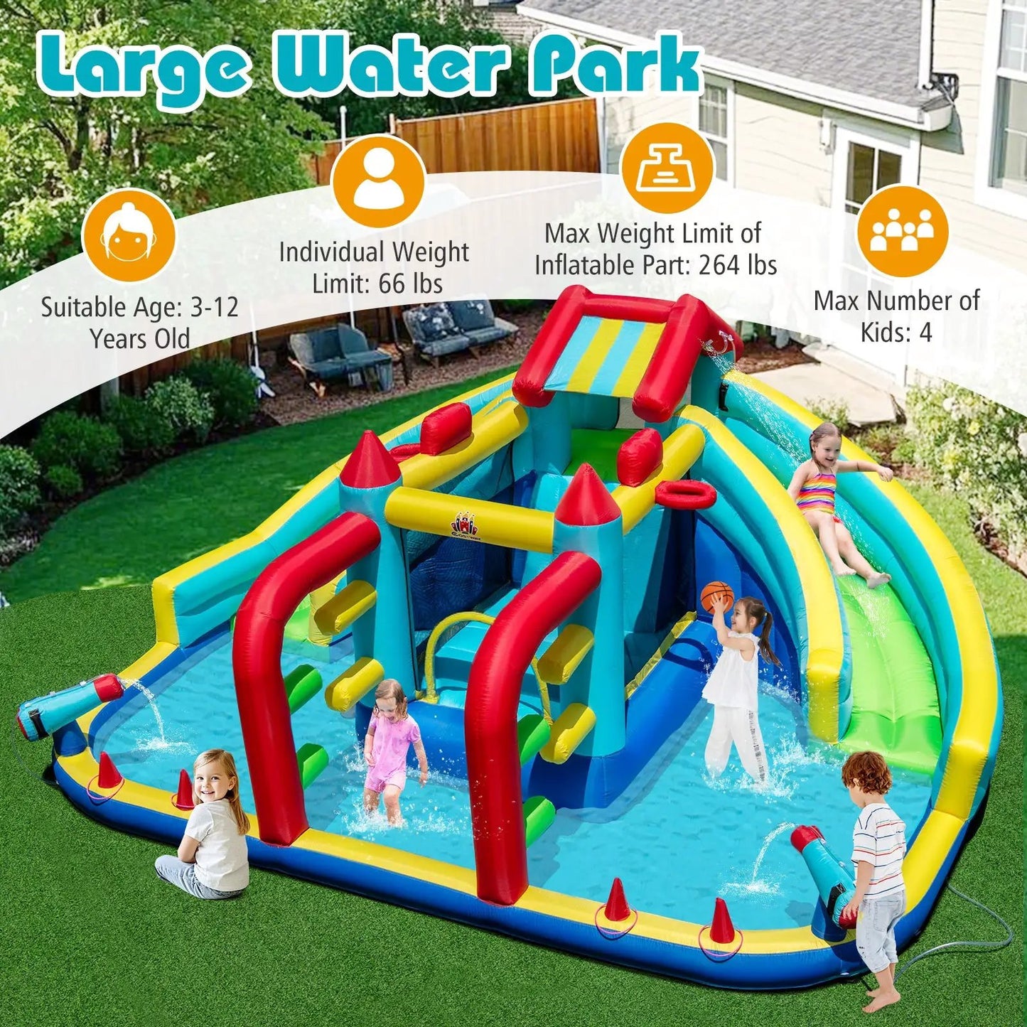 Inflatable double water slide park with obstacles, blue, yellow and red slides in backyard on Tampa Home & Garden Store