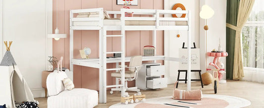 Twin loft wood bed with underbed desk and drawers, white frame in a pink-walled kids room on Tampa Home & Garden Store