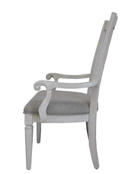 Katia arm chair set of 2 in light gray/white with carved curved arms and upholstered seat on Tampa Home & Garden Store