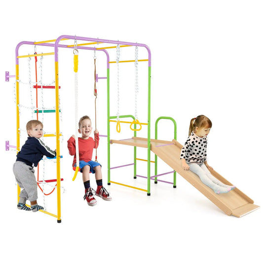 Metal Indoor Jungle Gym 8-in-1 Climbing Playset with multicolor frame and slide on Tampa Home & Garden Store