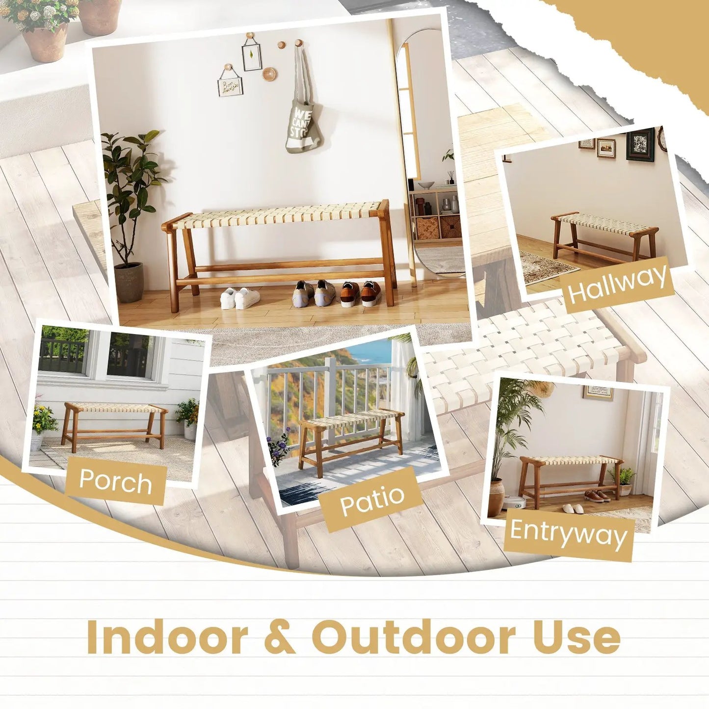 Teak 47-Inch Patio Bench with woven seat, natural finish and solid wood legs on Tampa Home & Garden Store