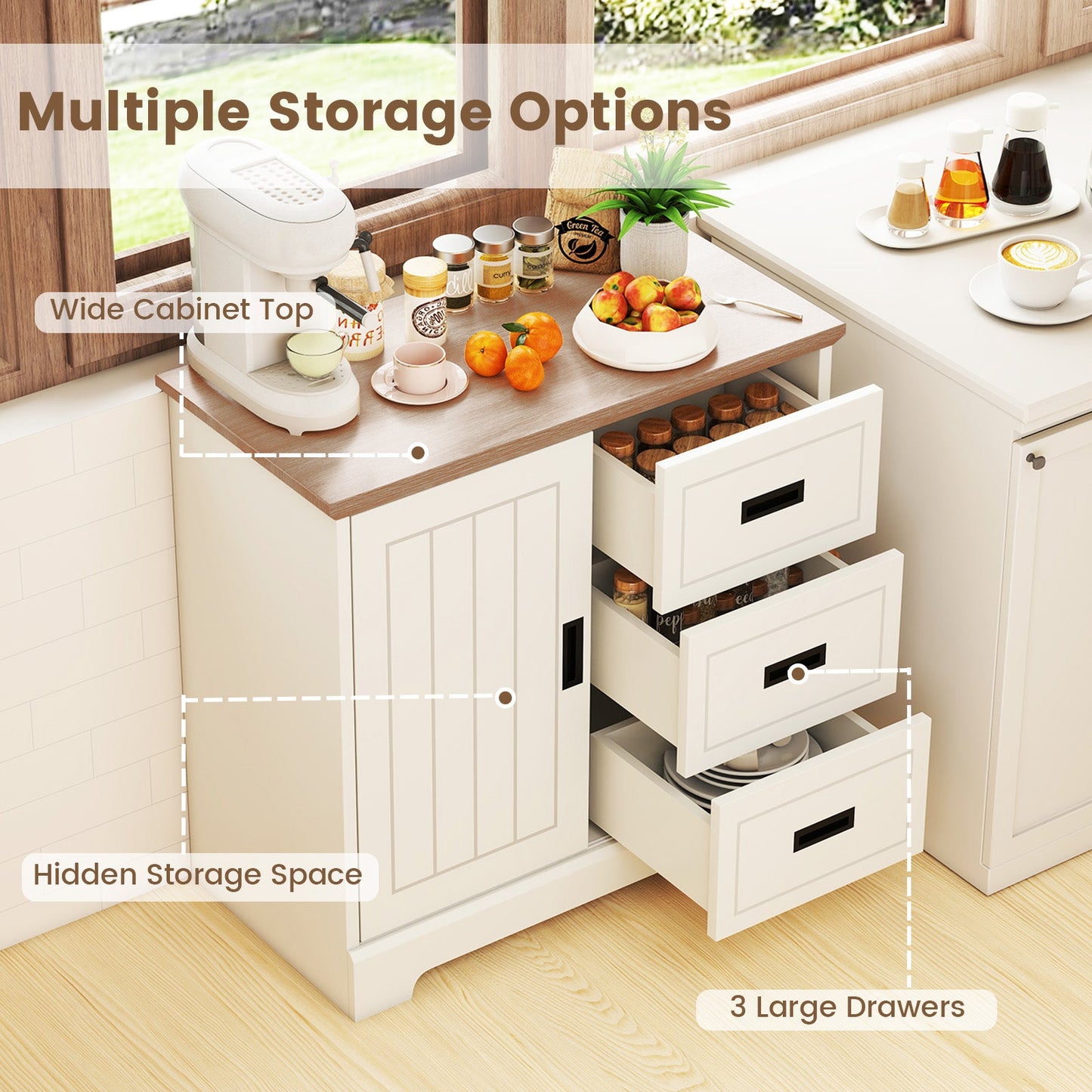 Farmhouse white sideboard with 3 large drawers and cabinet storage on Tampa Home & Garden Store