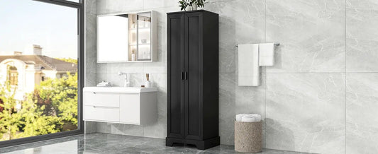 Two-door black wooden bathroom storage cabinet beside white vanity with mirror on Tampa Home & Garden Store