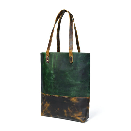Leather tote bag in green with brown stitched handles by Classy Leather Bags on Tampa Home & Garden Store
