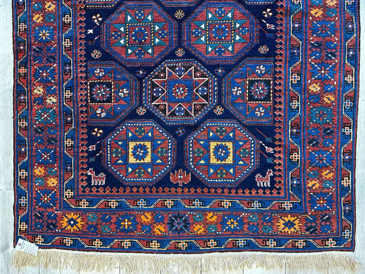 Antique Shirvan Rug 1880s 5x10, blue and red geometric pattern, Rugistan on Tampa Home & Garden Store