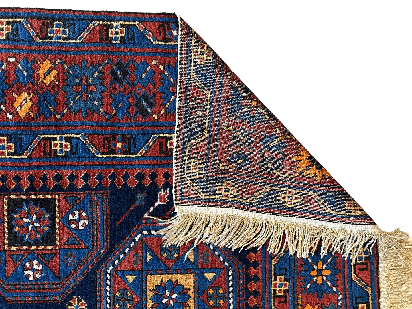 Rugistan antique Shirvan rug 5x10 with blue and red geometric motifs on Tampa Home & Garden Store