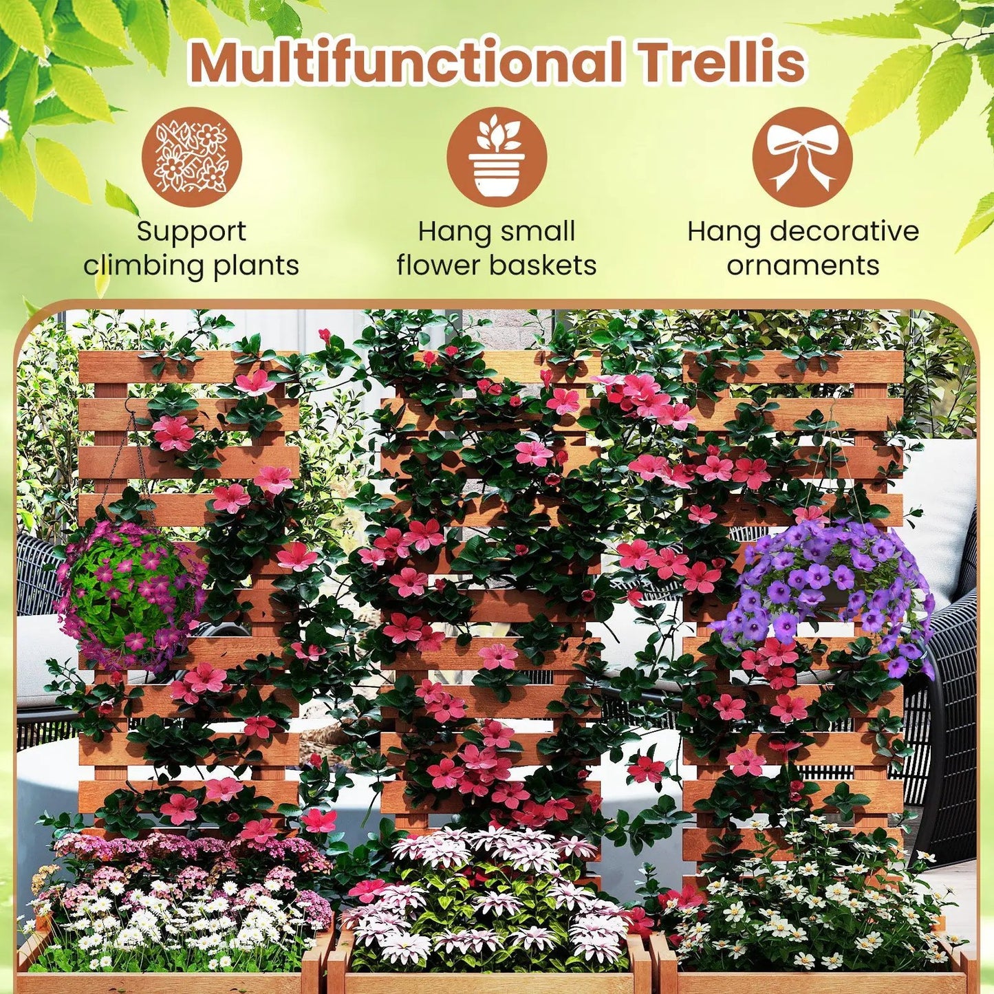 Outdoor wooden raised garden bed with trellis supports pink vines DirectDeals planter on Tampa Home & Garden Store