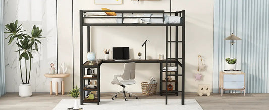 Full Metal Loft Bed with Desk and Shelves, black frame with integrated desk and storage on Tampa Home & Garden Store