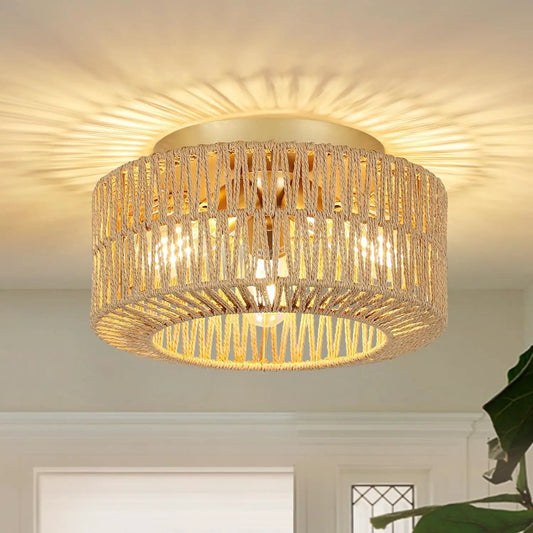 Boho Farmhouse Three Light Rattan Ceiling Light