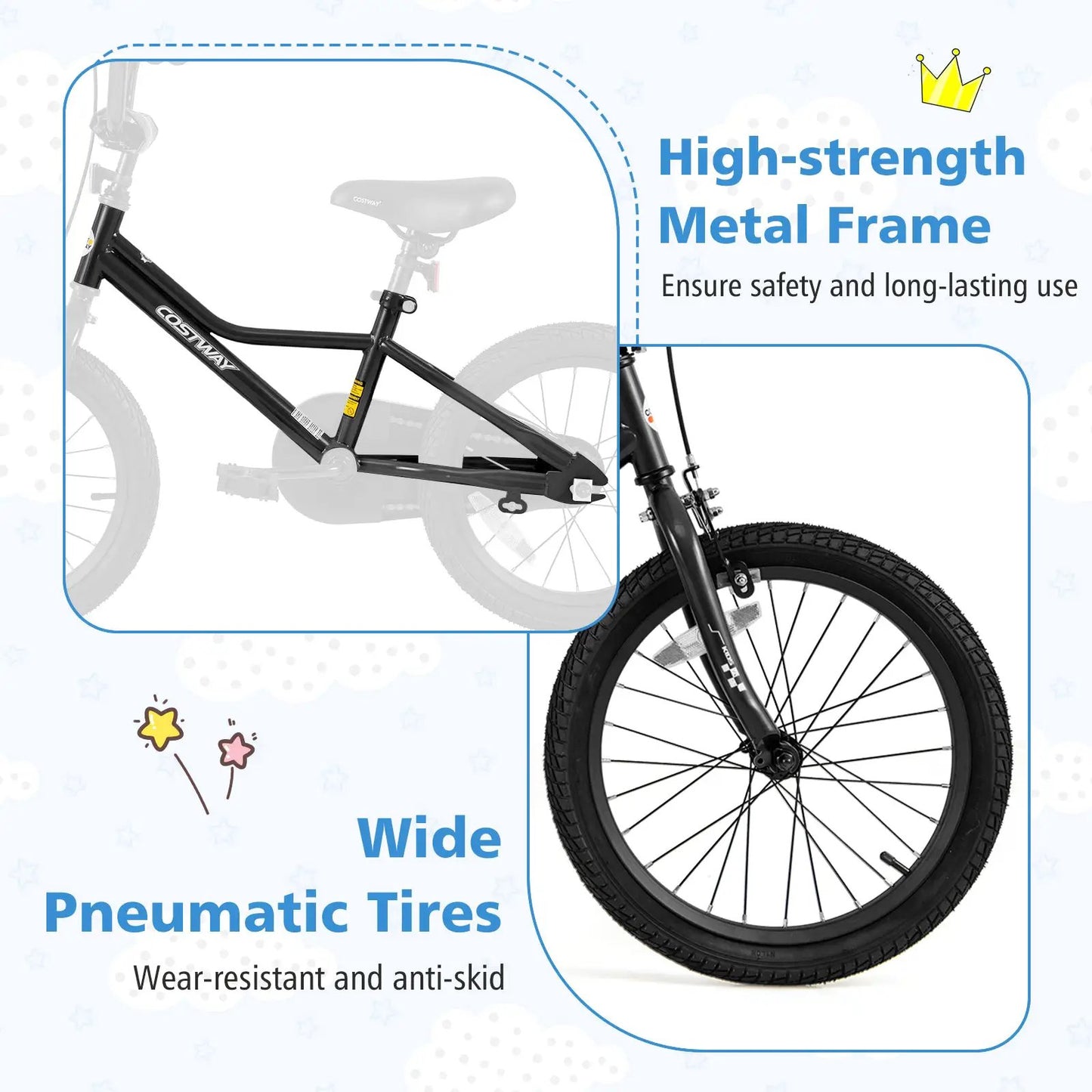 18-inch kids bike with low-step black metal frame for ages 4–8, Costway pneumatic tires on Tampa Home & Garden Store
