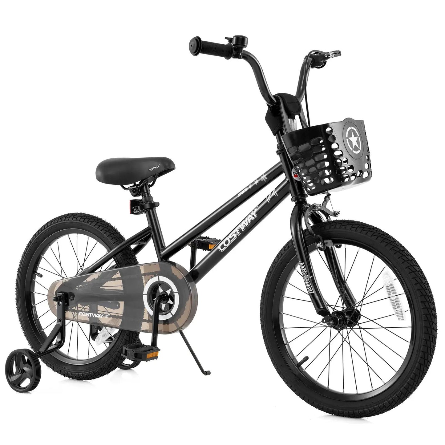 Costway 14 Inch Kids Bike with Basket and Training Wheels, black frame with front basket on Tampa Home & Garden Store