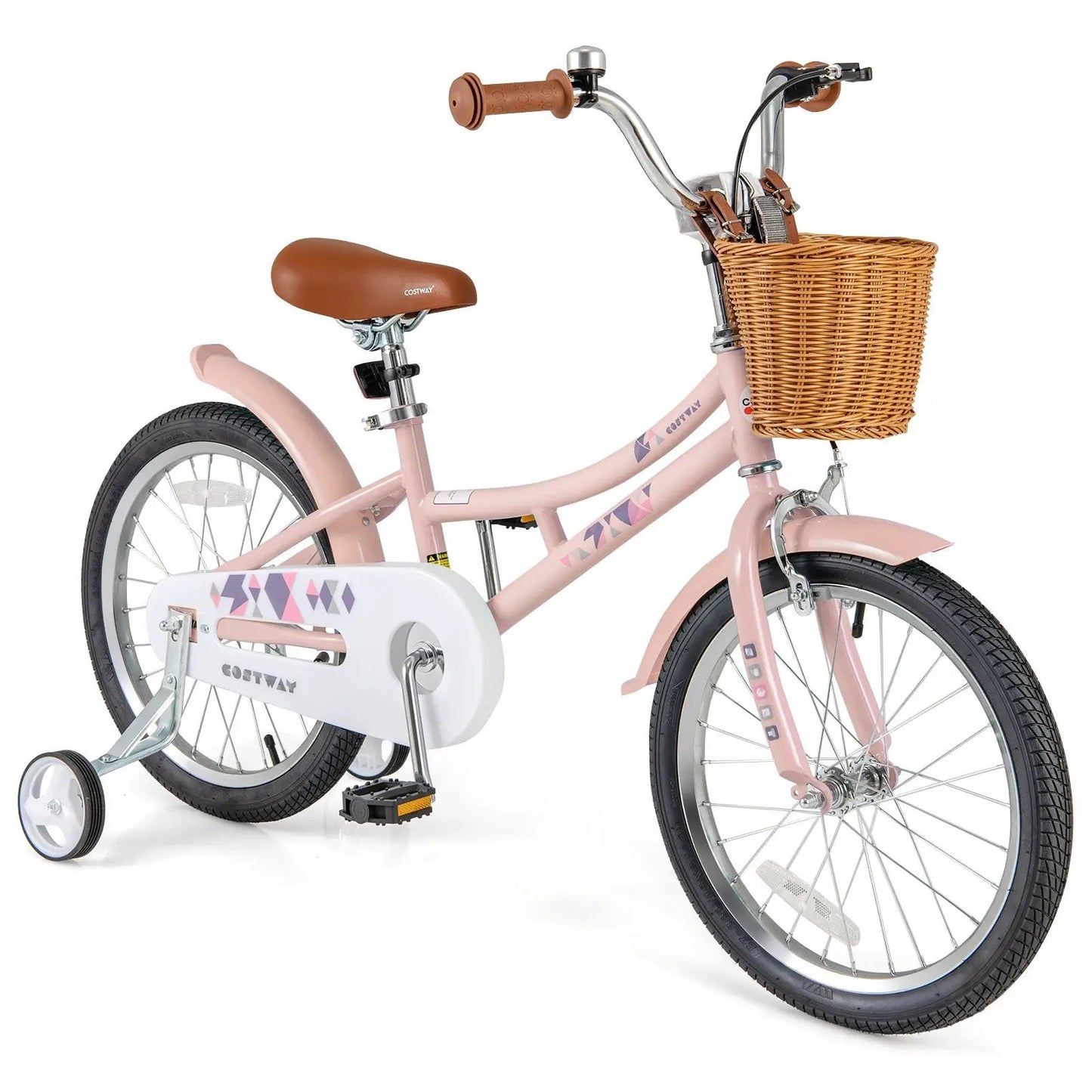 14-inch kids bike pink with brown saddle and front wicker basket Costway on Tampa Home & Garden Store