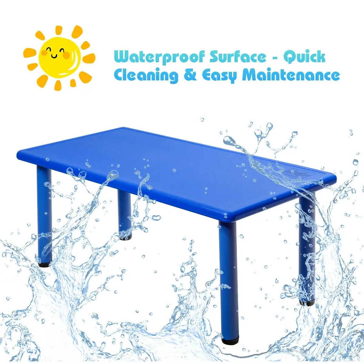 Kids blue plastic rectangular learn-and-play table with four legs and water splash effects on Tampa Home & Garden Store