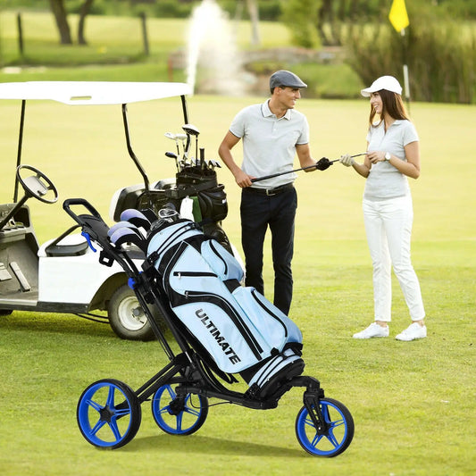 Folding golf push cart with scoreboard and adjustable handle, DirectDeals blue wheels on Tampa Home & Garden Store