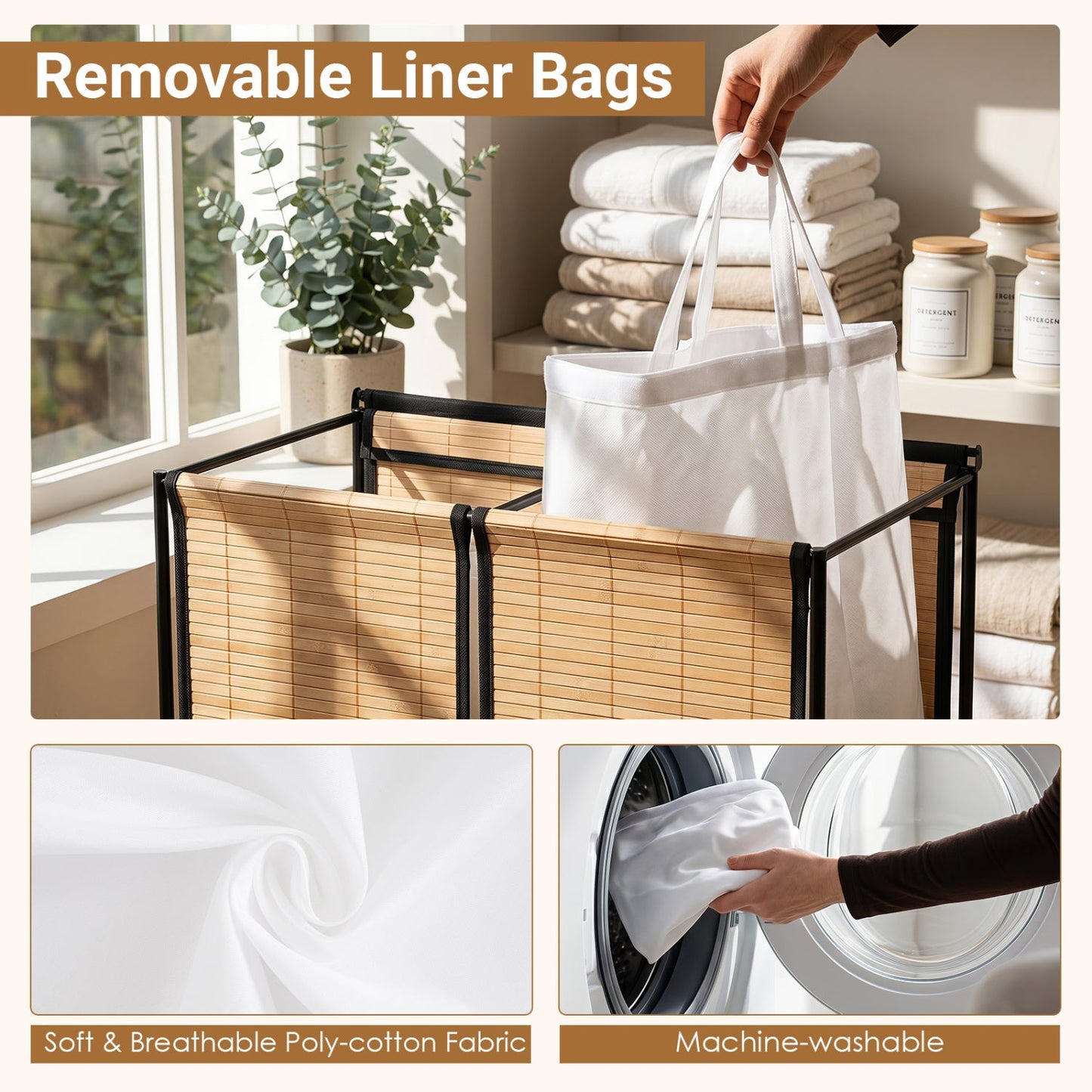 2-Section Laundry Hamper by DirectDeals with Lid, white liner in bamboo-framed sides on Tampa Home & Garden Store