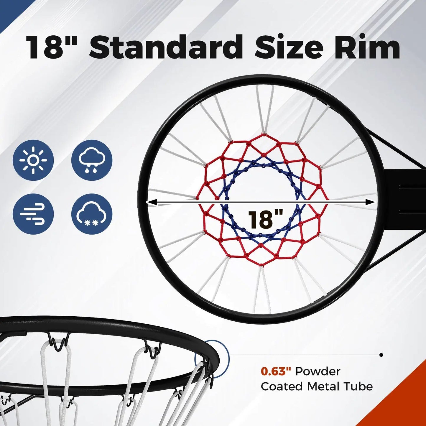 18 inch wall-mounted basketball rim replacement with black ring and white and red-blue net on Tampa Home & Garden Store