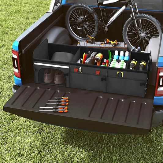18 Gal Car Trunk Organizer With Lid, black 3-compartment cargo organizer in pickup bed on Tampa Home & Garden Store