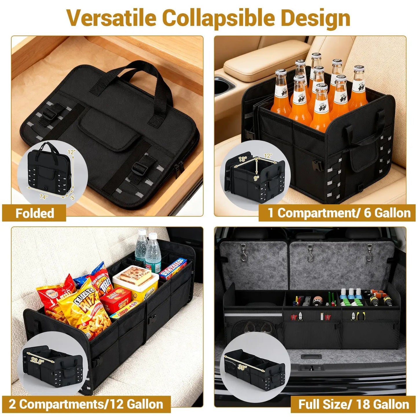 DirectDeals 18 Gal Car Trunk Organizer with Lid, black, 3 compartments, collapsible on Tampa Home & Garden Store