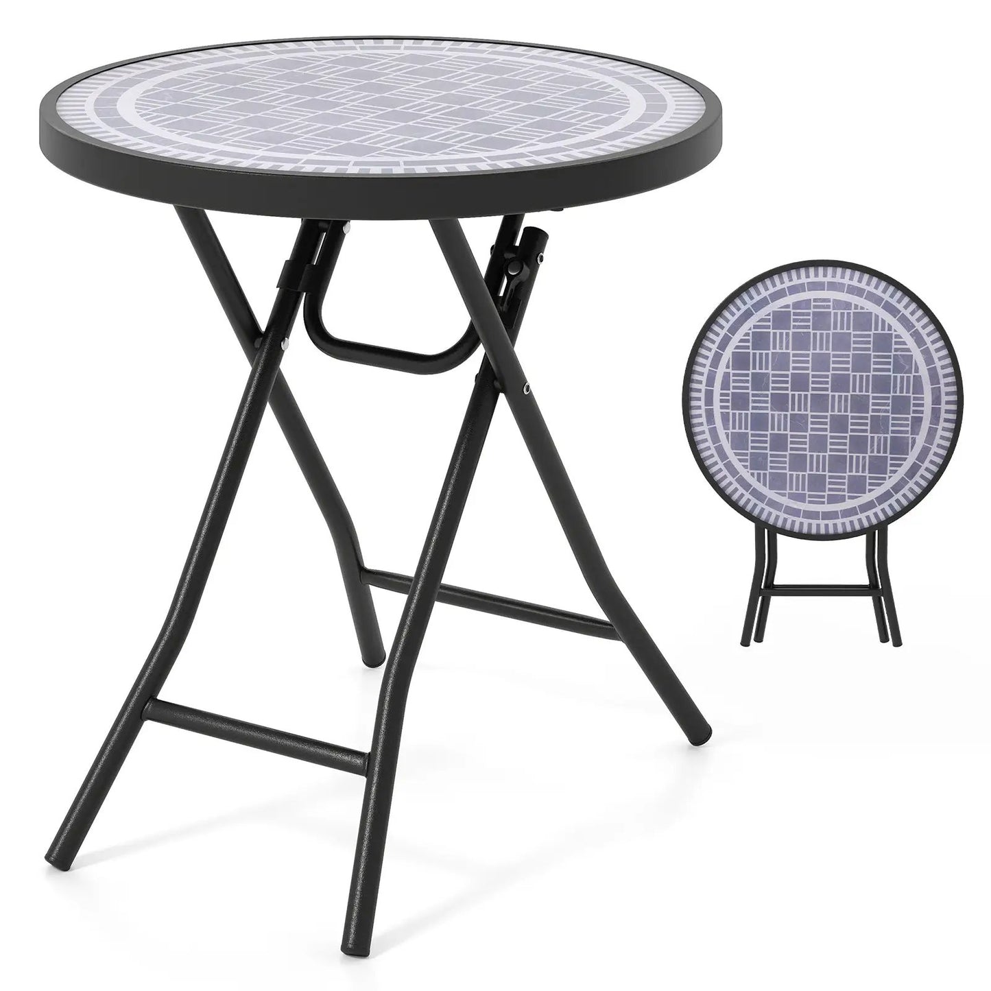 18-inch folding round patio side table by DirectDeals with black frame and purple patterned top on Tampa Home & Garden Store