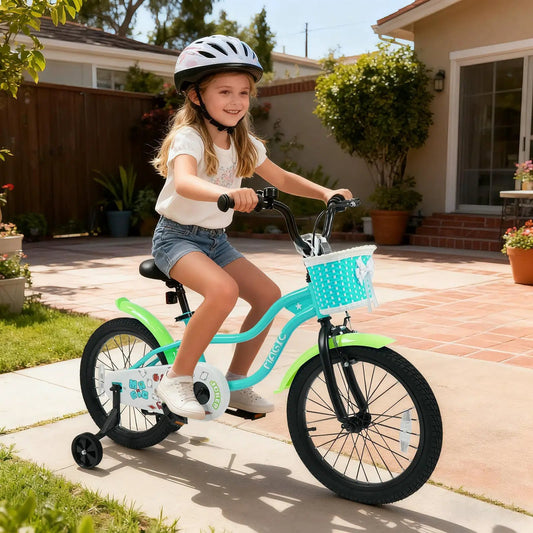 Kids bike 12/14/16 in green with training wheels and front basket on Tampa Home & Garden Store