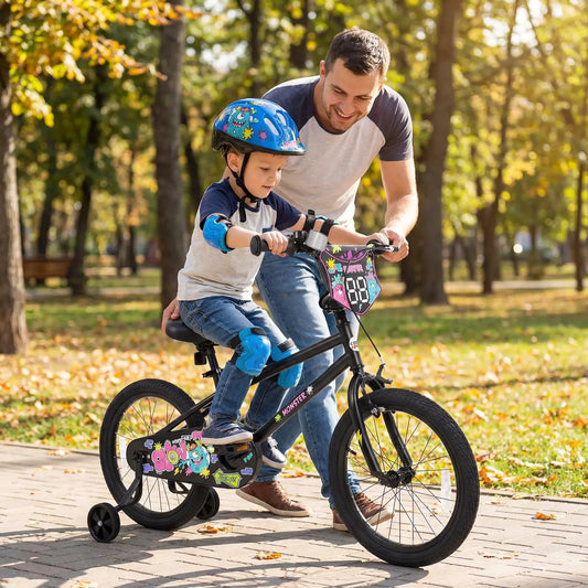 18-Inch Kids Bike by DirectDeals with training wheels, black frame and colorful decals on Tampa Home & Garden Store
